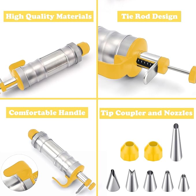 JAYVAR Dessert Decorating Syringe Set, Cake Decorating Kit, Stainless Steels Frosting Piping Kit for Cupcake Decoration with 6 Piping Nozzles, Cake Decorating Gun for Frosting Cream to Make Cupcakes