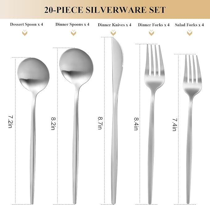 MIKIWAY 20-Piece Silverware Set for 4, Stainless Steel Flatware, Matte Cutlery Tableware, Kitchen Utensils Include Spoons and Forks, Satin Polished, Dishwasher Safe
