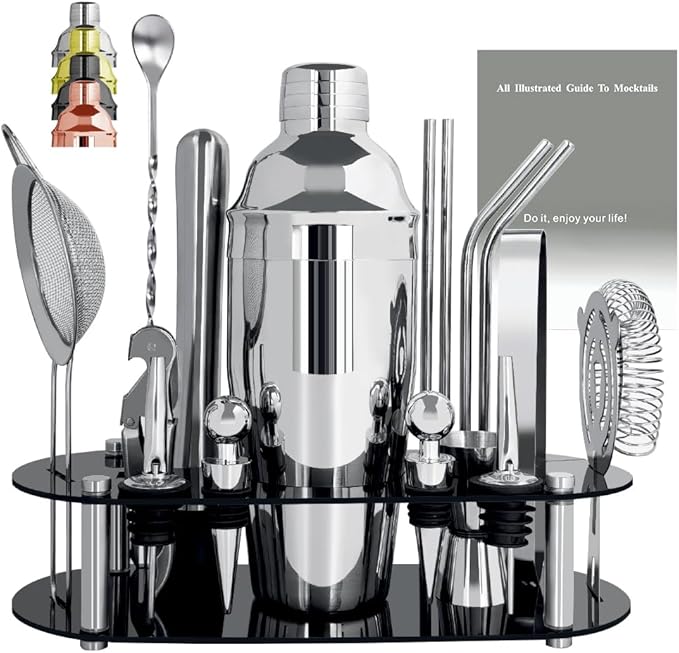 Cocktail Shaker Set Bartender Kit with Stand - 16 Piece Bar Tool Set Drink Mixer Set Includes : 25oz Shakers, Jigger, Strainer, Mixer Spoon, Muddler, Liquor Pourers, Straw (Silver)
