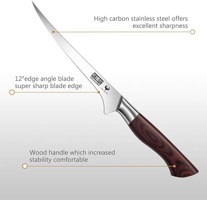 Fillet Knife 7 Inch, Professional High Carbon Stainless Steel Boning Knife for Meat, Ultra Sharp Japanese Fish Fillet Knives with Ergonomic Wood Handle