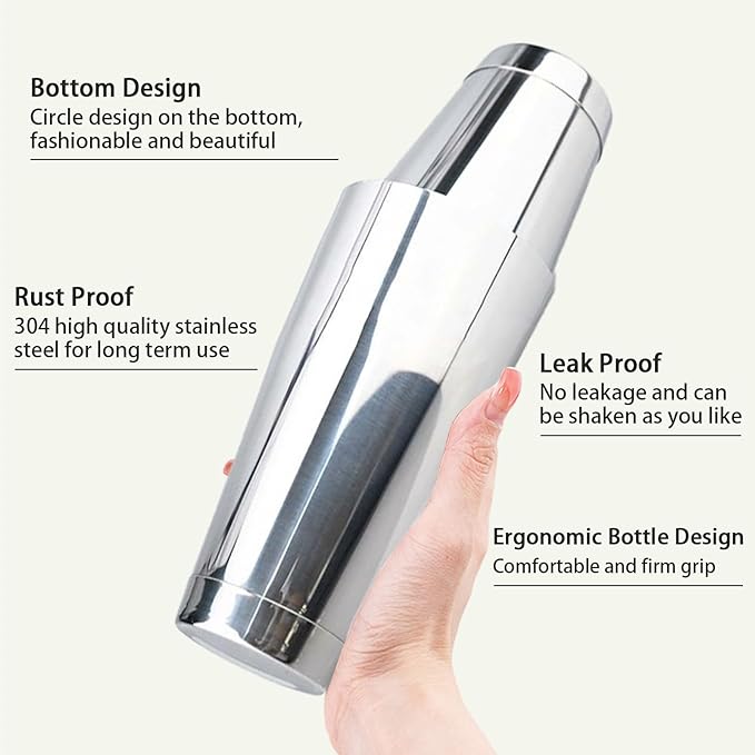 Boston Cocktail Shaker Set, 17 oz and 24 oz Stainless Steel Weighted Shaker Tins, Professional Bar Tools for Bartender, Metal Martini Shaker Drink Mixer for Bartending (Silver)