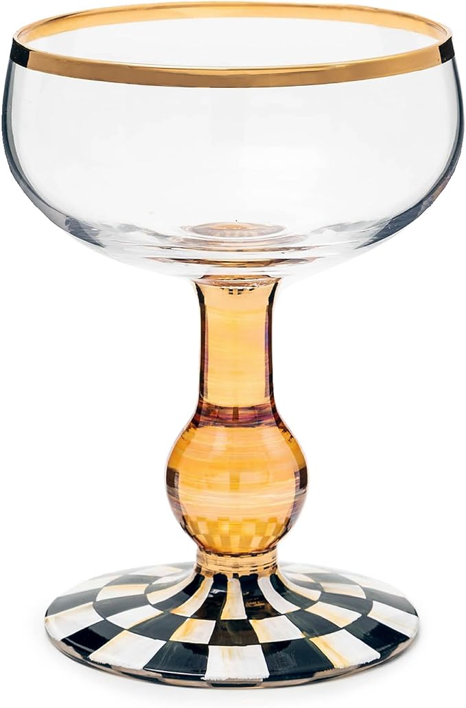 MACKENZIE-CHILDS Coupe Glass, Decorative Stemmed Cocktail Glass, 11 Ounces, Black-and-White Courtly Check