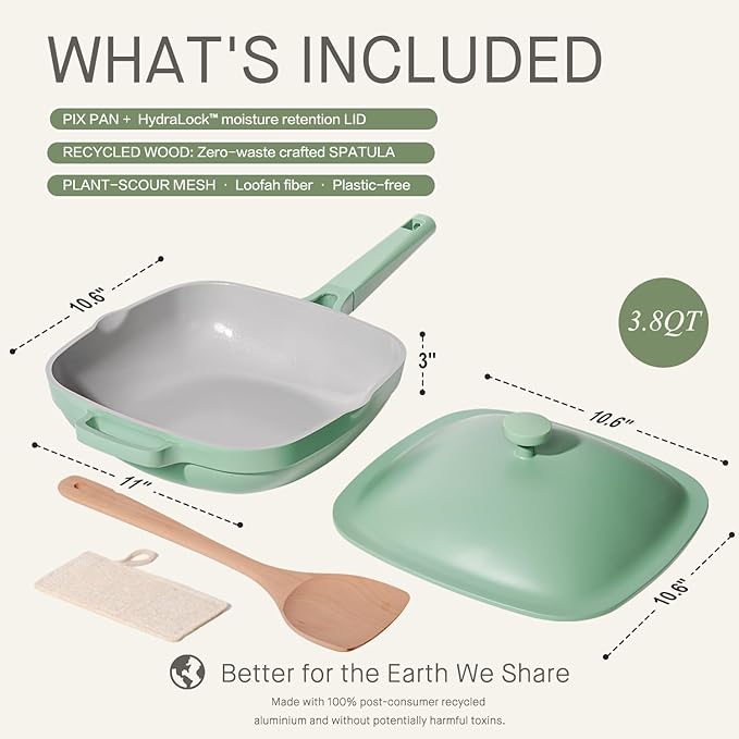 10.5 Inch(3.8QT) Deep Frying Pan,Non Stick Frying Pans Cast Aluminum,Ti-Ceramic Non Toxic Pix Pan with Lid,Natural Wooden Spatula and Loofah Scrubber-Mint Haze