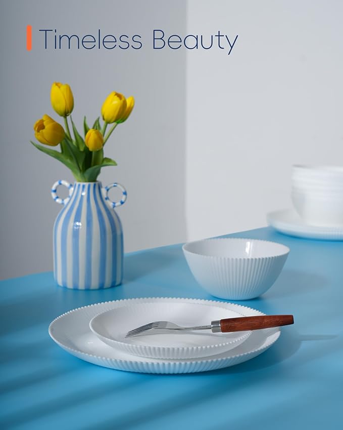 10.5 inch Ribbed Dinner Plate Set of 6, Round Opal Glass White Dinnerware Plates, Dishwasher and Microwave Safe