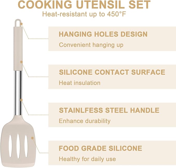 E-far Silicone Cooking Utensils Set, 7 Pcs Heat Resistant Kitchen Utensils with Stainless Steel Handle, Slotted Turner, Spoon, Soup Ladle, Pasta Server, Skimmer, Tongs for Nonstick Cookware, Khaki