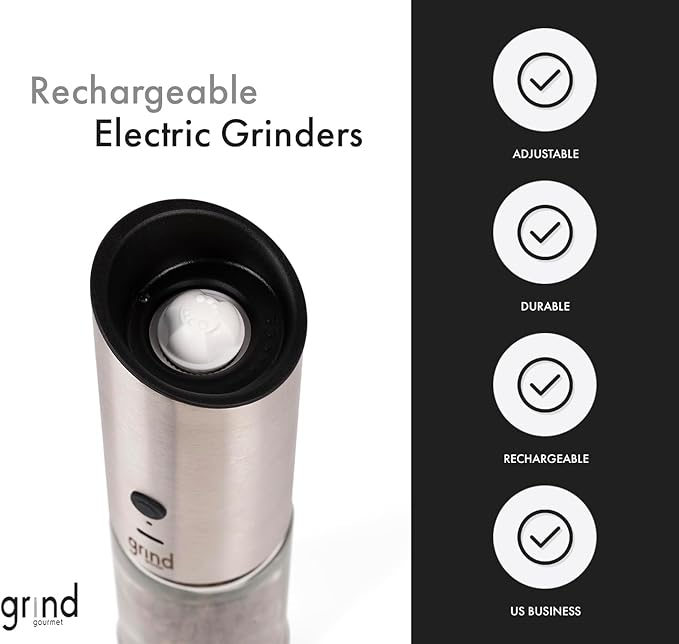 Grind Gourmet Electric Salt and Pepper Grinder Set, USB Rechargeable, Adjustable Coarseness, One-Handed Operation, Stainless Steel and Glass