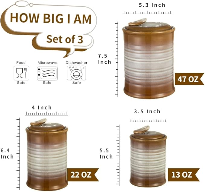 Nihow Ceramic Food Storage Jar Sets: Container with Air Tight Ceramic Lid for Flour/Sugar/Rice/Coffee/Cookies/Candy - Seal Damp-proof Canister for The Kitchen - Set of 3 (Brown)