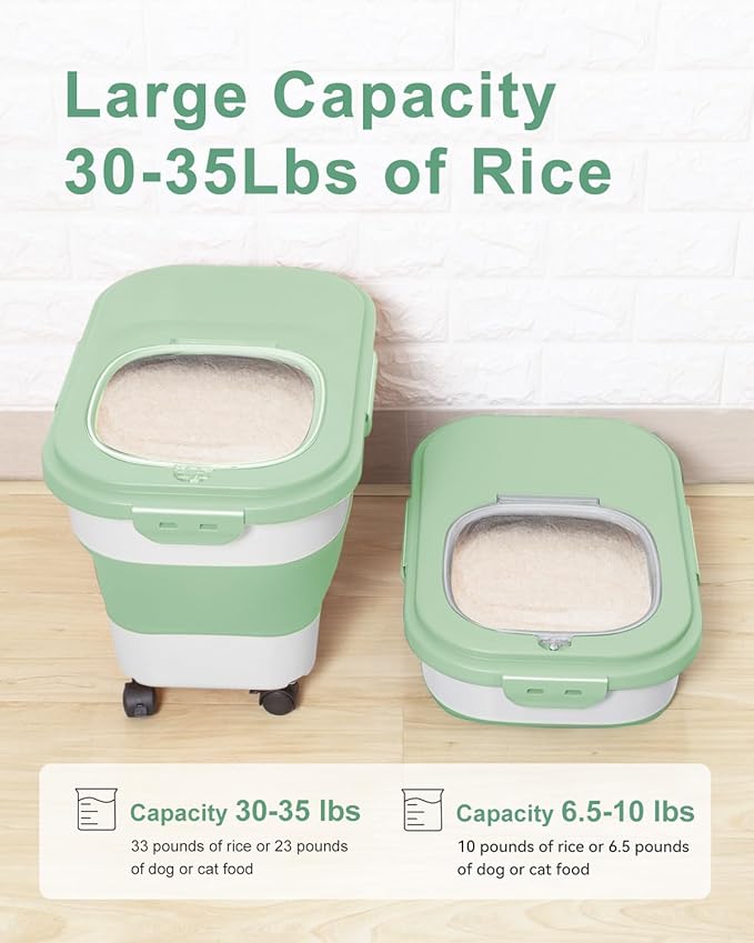 20-30 Lbs Rice Storage Container,Collapsible Food Storage Containers with Rolling Wheel Airtight Locking Lid,Flour Storage Container with Cup and Scoop,Suitable for Food,Rice,Pet Food,Flour
