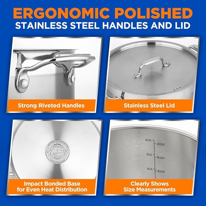 Stainless Steel Cookware Stockpot - 20 Quart, Heavy Duty Induction Pot, Soup Pot With Stainless Steel, Lid, Induction, Ceramic, Glass and Halogen Cooktops Compatible - NCSPT20Q