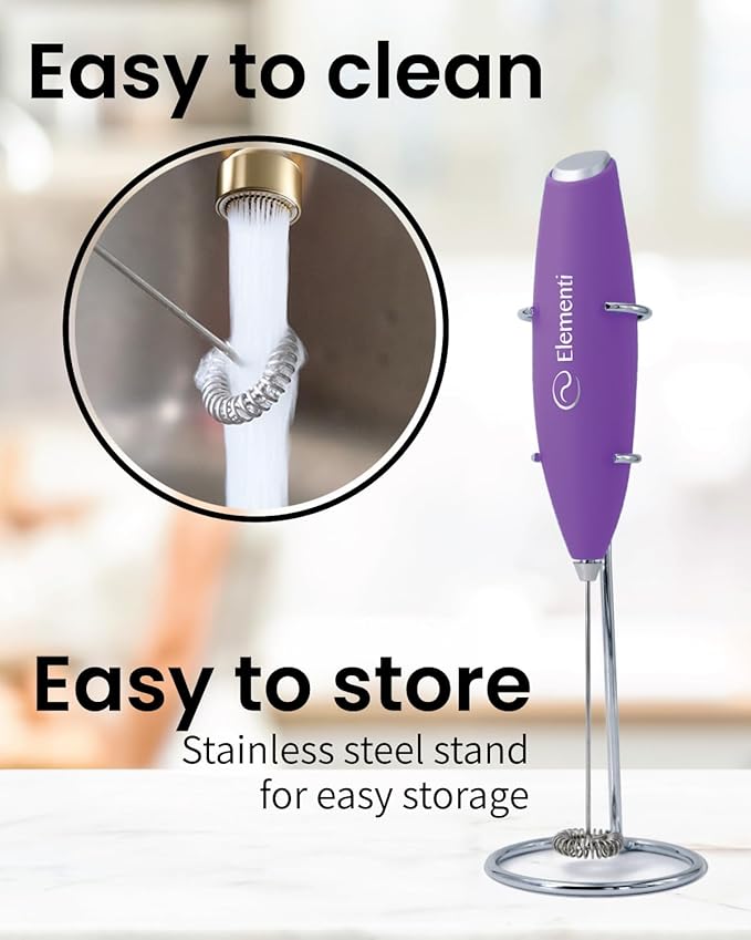Elementi Milk Frother Wand & Drink Mixer - High Powered Hand Blender, Handheld Coffee Mixer Wand with Stand - Milk Foamer to Make Perfect Cappuccino Lattes & Hot Chocolate at Home (Purple)