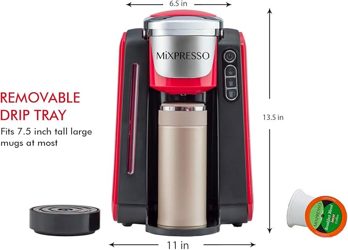 Mixpresso Single Cup Coffee Maker Compatible With 1.0 & 2.0 Single Cup Pods, Removable 45oz Water Tank, Quick Brewing with Auto Shut-Off, One Touch Function (Red/Black)