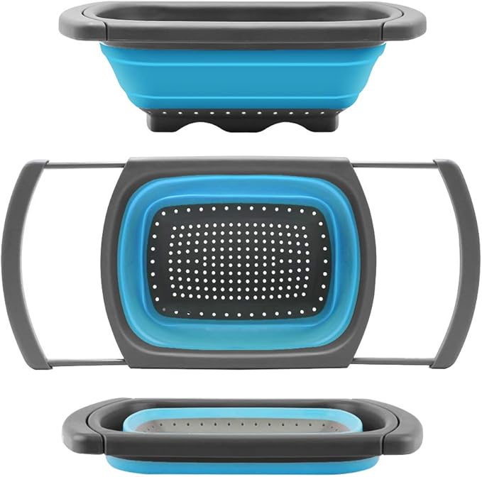 Qimh Colander Collapsible, Colander Strainer Over the Sink Food Colanders Strainers with Extendable Handles, 6-Quart, Dishwasher-Safe Kitchen Folding Strainer for Pasta, Veggies and Fruits