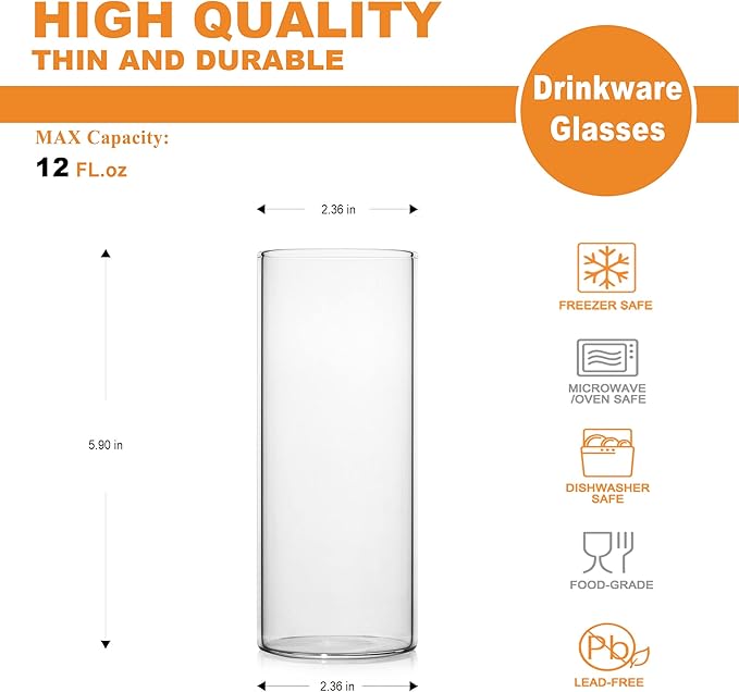 LUXU Drinking Glasses 12 oz, Thin Highball Glasses Set of 4,Elegant Bar Glassware For Water, Juice, Beer, Drinks, and Cocktails and Mixed Drinks,Lead-Free Pint Glasses,Glass Drink Tumblers