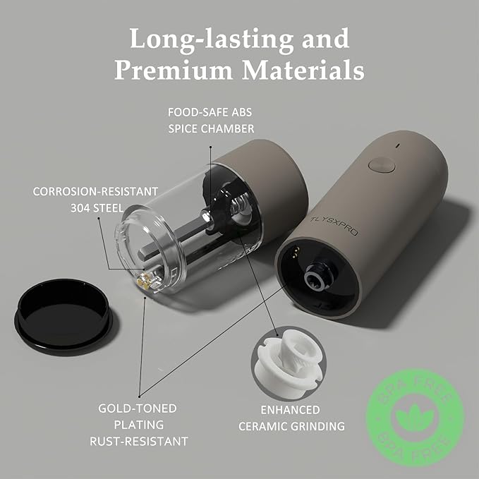 Electric Salt and Pepper Grinder Set, USB Rechargeable, Automatic Salt and Pepper Mill Grinder with Adjustable Coarseness, Electric Salt Shakers, LED Light, Refillable (2 Packs, Greige)