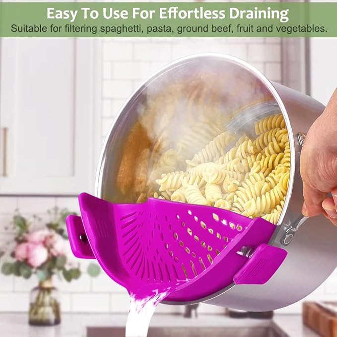 YEVIOR Clip on Strainer for Pots Pan Pasta,Silicone Food Strainer Hands-Free Pan Strainer, Clip-on Kitchen Food Strainer for Spaghetti, Pasta, Ground Beef Fits All Bowls and Pots (Purple)