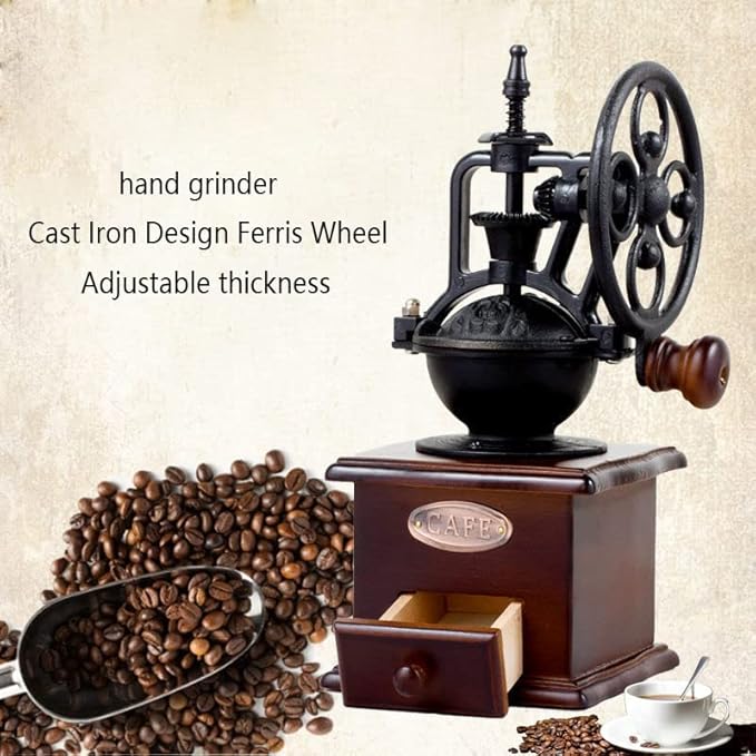 Manual Vintage Style Hand Coffee Grinder, Roller Mill, Cast Iron, Adjustable Grind Thickness