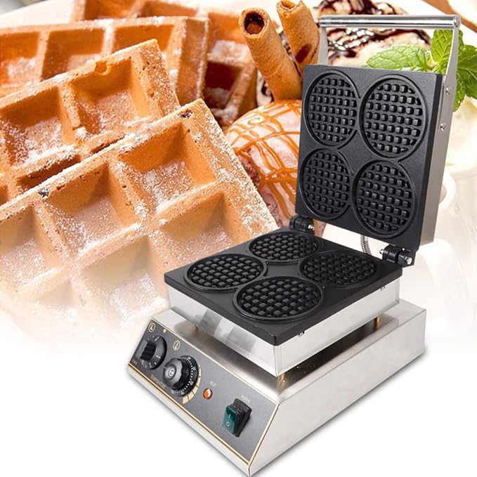 1750W Commercial Waffle Maker, 4 Grids Electric Round Waffle Maker Non-Stick Stainless Steel Belgian Waffle Iron w/Time & Temper Adjustable| Food Clip|Whisk, Large Waffle Machine for Restaurant Party