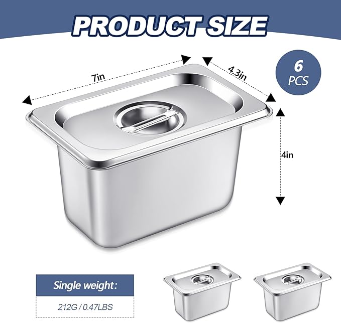 Mifoci 6 Pack Stainless Steam Hotel Pan with Lid, 1/9 Size x 4 Inch Deep Steam Table Pan Restaurant Supplies Reusable Anti Rust Catering Storage for Home, Party, Restaurant, Hotel, Buffet