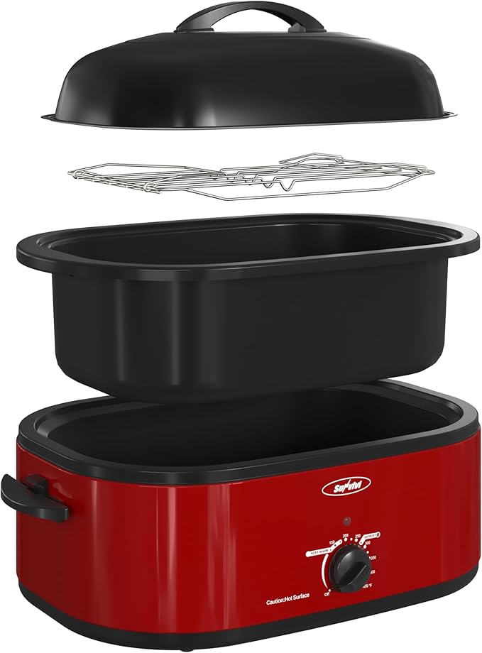 Sunvivi 20-Quart Roaster Oven with Self-Basting Lid, Electric Turkey Roaster Oven with Removable Pan and Rack, Stainless Steel, Red