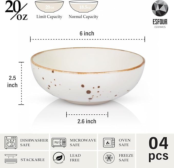 Esfour Premium Porcelain Bowl Collection | Durable, Microwave & Dishwasher Safe | Ideal for Cereal, Pasta, Salad & Desserts (Classic Assorted Color, Cereal Bowl 4pcs)