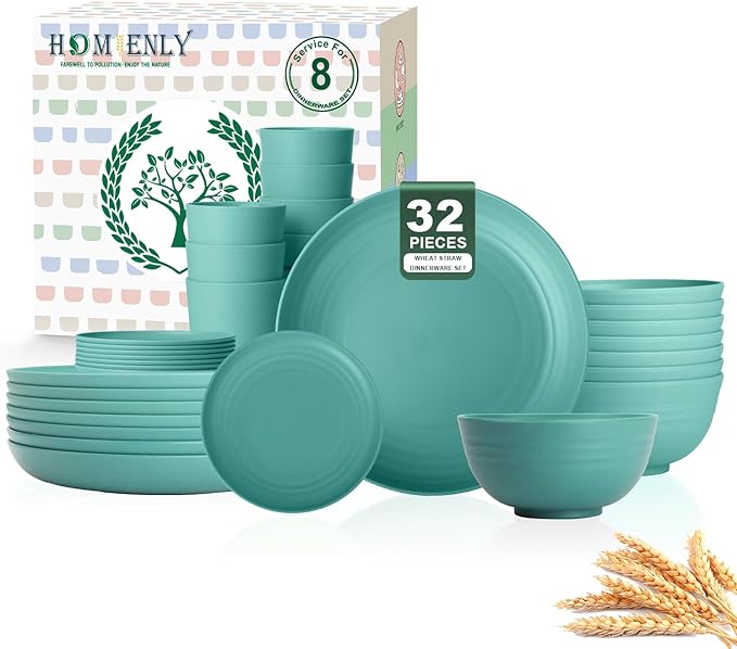 Homienly Wheat Straw Dinnerware Sets, Plates and Bowls Sets, 32-Piece Dish Set for 8, Service for 8, Unbreakable LIghtweight Dinnerware Set for Camping, Outdoor, RV, Microwave & Dishwasher Safe- Green