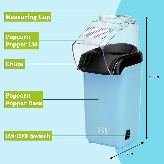 Tasty Hot Air Popcorn Popper, Healthy and Delicious Popcorn in Minutes, Fast and Easy-to-Use, Built-In Measuring Cup and Butter Warmer, 8 Cups, Blue