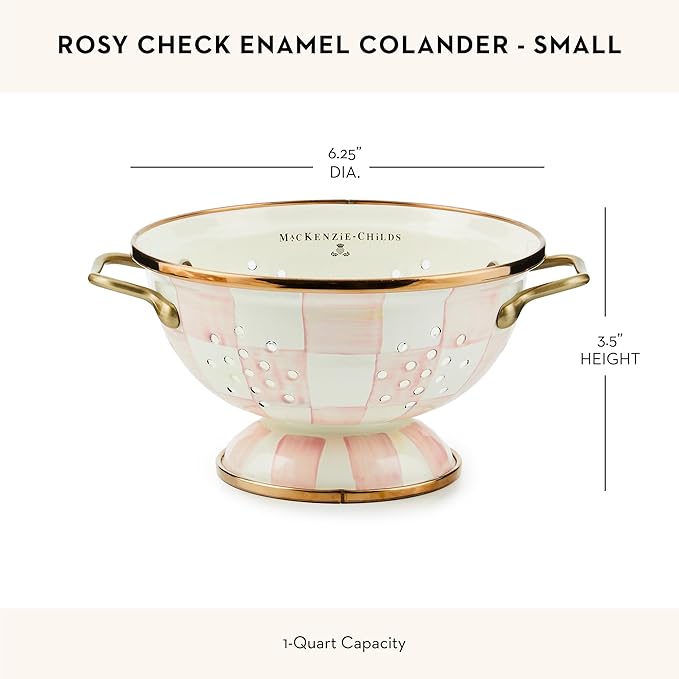MACKENZIE-CHILDS Enamel Colander, Decorative Kitchen Strainer, Small, Pink-and-White Rosy Check