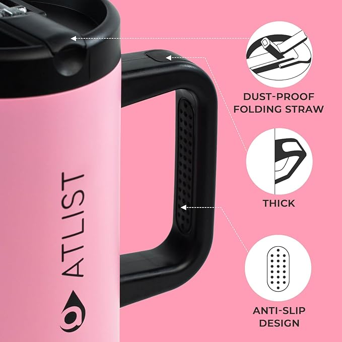 100% Leakproof 40 oz Tumbler with Handle & 4-in-1 SipSwig Lid, Built-In Flip Straw & External Stainless Steel Straw, Insulated Stainless Steel Cup, BPA-Free, Pink & Black