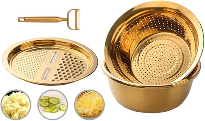 TEHAHA Colander Set With Peeler,3 in 1 Strainer for Kitchen: Stainless Steel Vegetable Slicer,Large Capacity Drain Basket With Mixing Bowl For Washing Vegetables, Fruit, Rice,Dishwasher Safe,Gold.