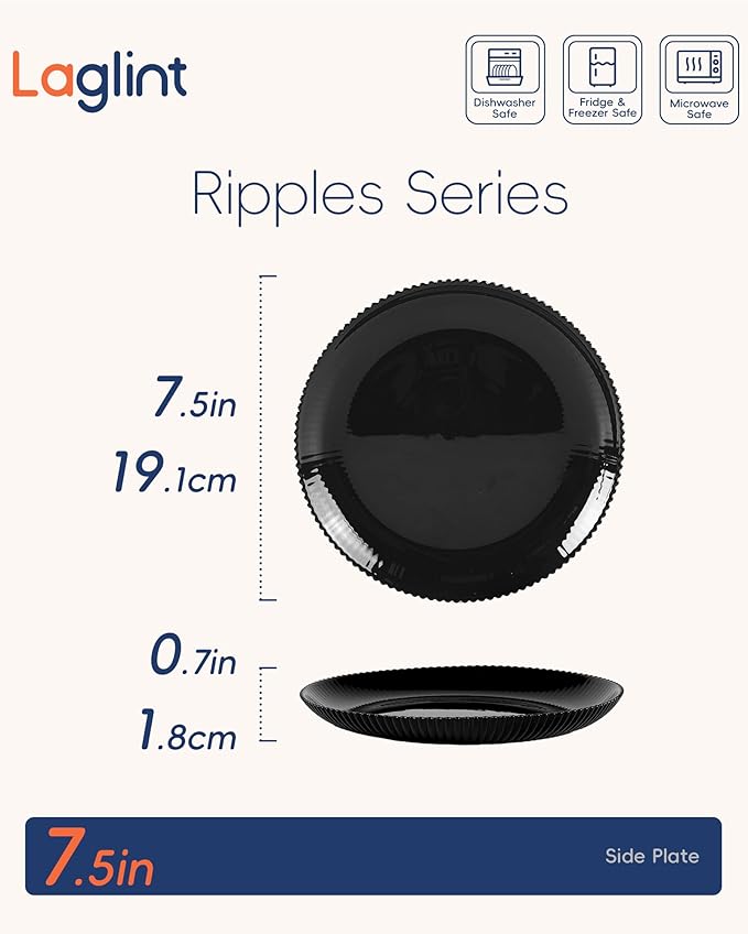 7.5 inch Ribbed Salad Appetizer Plate Set of 6, Opal Glass Round Small Black Plates for Dessert, Kitchen, Dishwasher and Microwave Safe