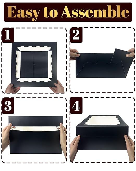qiqee 12x12x6 Cake Box, 18 Sets Black Cake Box with Window & 18 Sets 8" Cake Round Boards, 8inch Cake Containers, 10 Meters Silk Ribbon