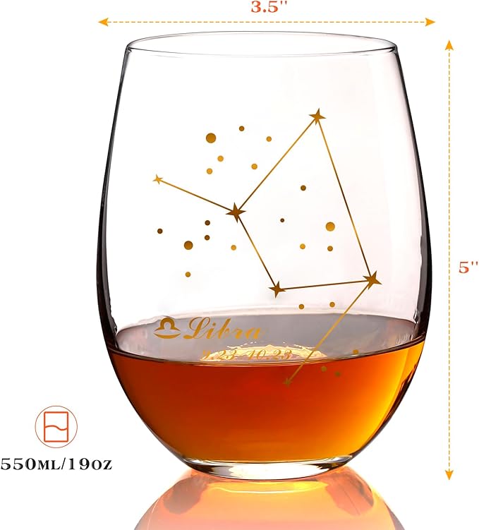 HOHY Libra Wine Glass - Stemless, 20oz Zodiac Sign Constellation Glass, Horoscope Gift for Women & Men