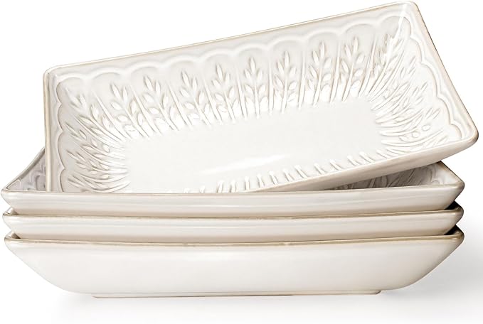 Artena Ceramic Pasta Bowls Set of 4-9.85 Inch Large Salad Bowls, 25 oz Serving Bowls for Soup, Dinner & Party - Embossed Microwave Safe Kitchen Dishes, Rectangle Plates (Wheat Leaf)