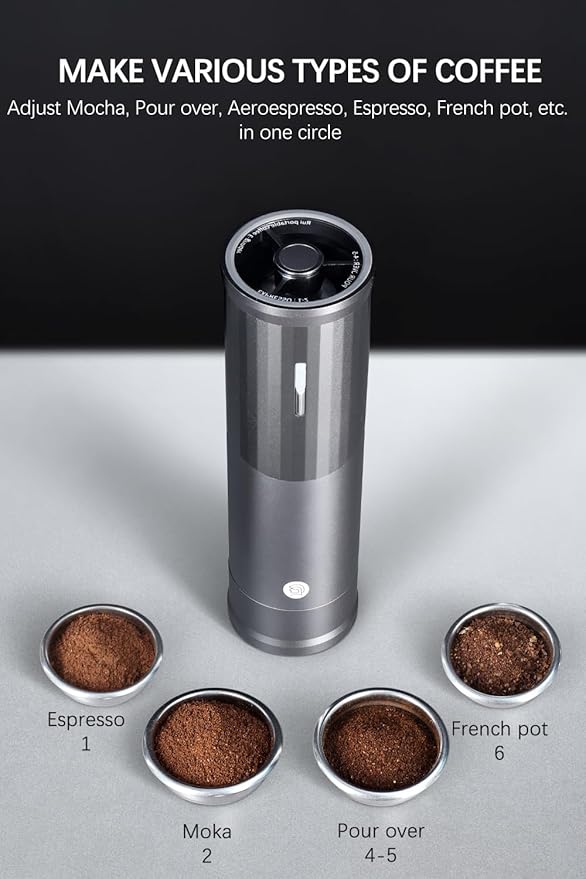 Electric Coffee Grinders, Portable Burr Grinder Capacity 50g w/Magnetic Cover,External Adjustable Setting, Aluminum Alloy Body, 800mAh Battery(Stand not Included) Silver