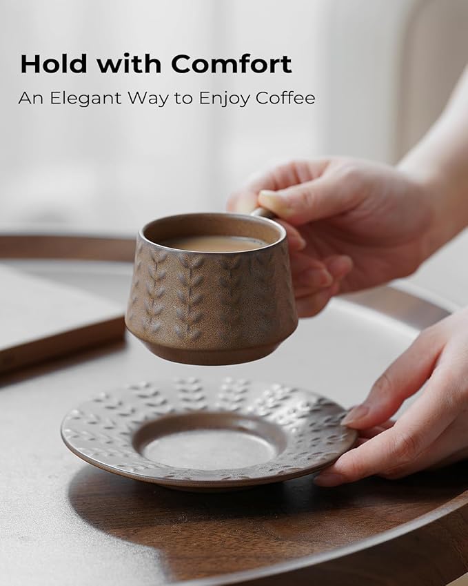 Espresso Cups Set, 4 Oz Porcelain Coffee Cups with Saucer and Metal Stand Small Cappuccino Cups Set of 6 Demitasse Cups for Espresso, Latte, Cafe Mocha, Cappuccino, and Tea, Brown