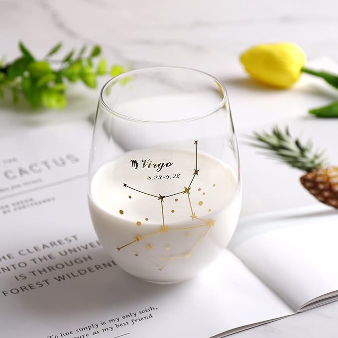 HOHY Virgo Wine Glass Virgo Birthday Gifts 20oz, Virgo Stemless Wine Glasses, Aastrology Zodiac Gifts Constellation Glass Define Design, Horoscope Gift, September Birthday Gifts for Women Men
