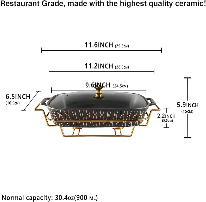 9" x 6" Ceramic Rectangular Casserole Dish with Glass Lid and rack, 30 oz Serving Soup Tureen,Chafing Dish for Buffet, Family Food preserve Tray, Catering for Party Style,Black