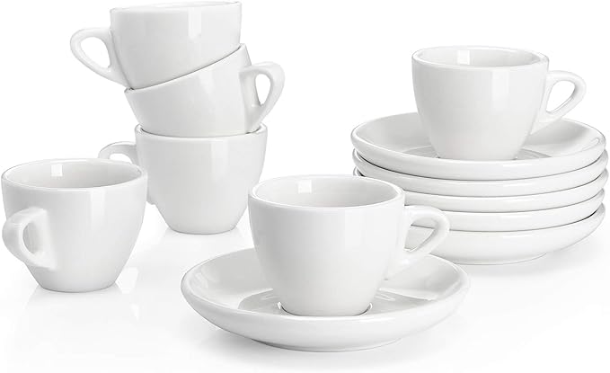 Sweese 2 Ounce Espresso Cups with Saucers, Porcelain Espresso Cups Set of 6 - White