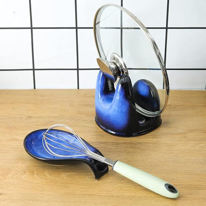 Nihow Ceramic Spoon Rest: 4 Inch Stable Utensil Rest - Heat Resistant Spoon Holder for Kitchen counter/Countertop/Stove Top - Dishwasher Safe - Elegant Black & Blue (Set of 2)