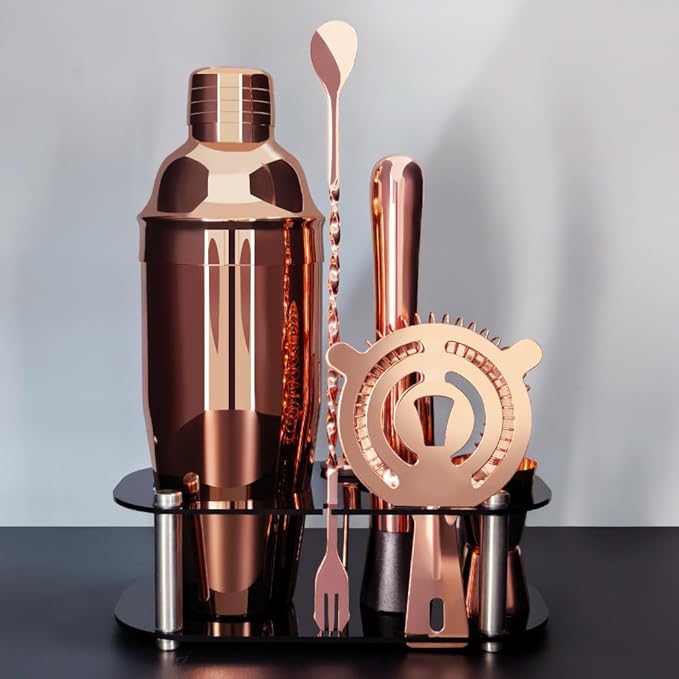Cocktail Shaker Set, Bartender Kit, Cocktail Shaker with Stand, Drink Mixing Includes Martini Shaker,Strainer,Jigger,Bar Mixer Spoon,Muddler, Pourer, Bar Tool Set  (Rose Gold)