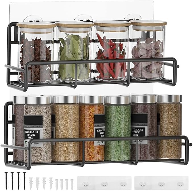 2 Pack Wall Mount Spice Rack Organizer, for Kitchen Pantry Door Storage and Organization, Heavy-Duty Metal Kitchen Spice Rack, Flexible Wall Iron Shelves with Adhesive Hook, Black