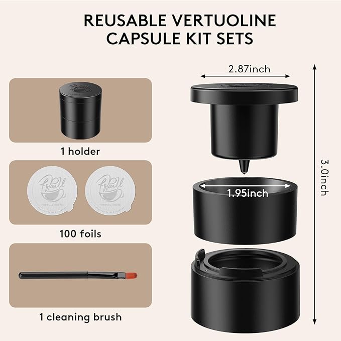 Reusable Vertuo Capsule Kit, for Reusable Nespresso Pods with Making Tools,100 Pcs Aluminum Foil Seal Lids, Holder, Brush, for Refilling Nespresso Vertuo Pods Reusable Vertuoline Pod