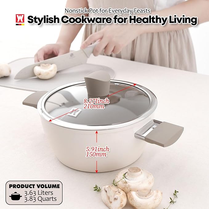Aluminum Stock Pot with 7-Layered Ceramic Coating, Non-Stick Surface, Tempered Glass Lid, Dual Heat-Proof Handles, PFOA, PFAS, Lead, Cadmium Free, 3.63Liters /3.84Quarts