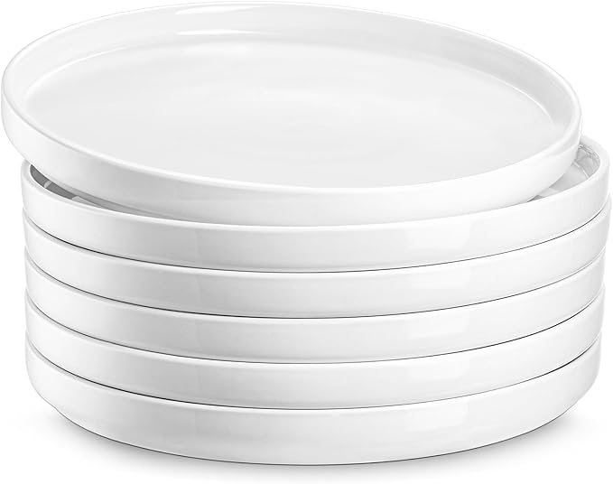 Jassceram 8.5 Inch Small Dinner Plates, Ceramic Flat Plates for Salad, Dessert and Appetizer - Microwave, Oven and Dishwasher Safe, Scratch Resistant and Lead-free, High Edge Dish Set, Set of 6, White