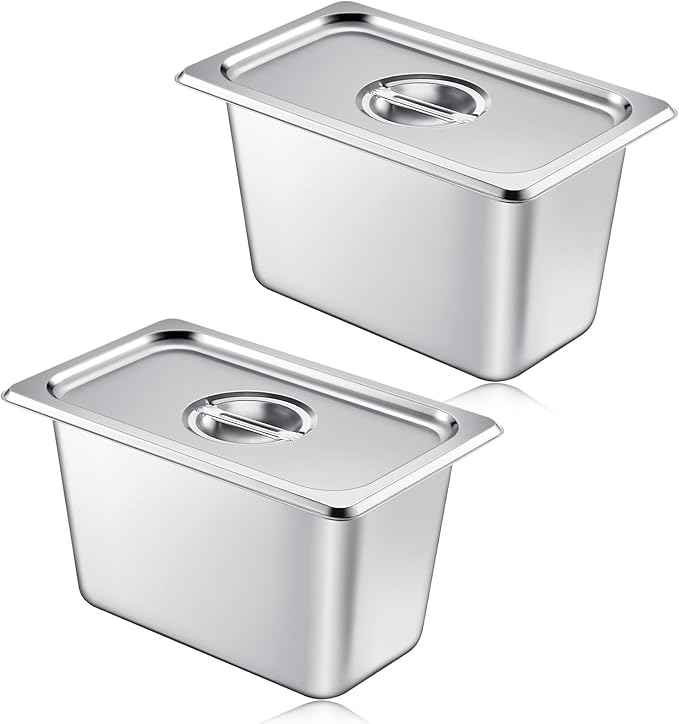 Mifoci 2 Pack Stainless Steam Hotel Pan with Lid, 1/4 Size x 6 Inch Deep, Reusable Anti Rust Steam Pan for Home, Party, Restaurant, Hotel, Buffet