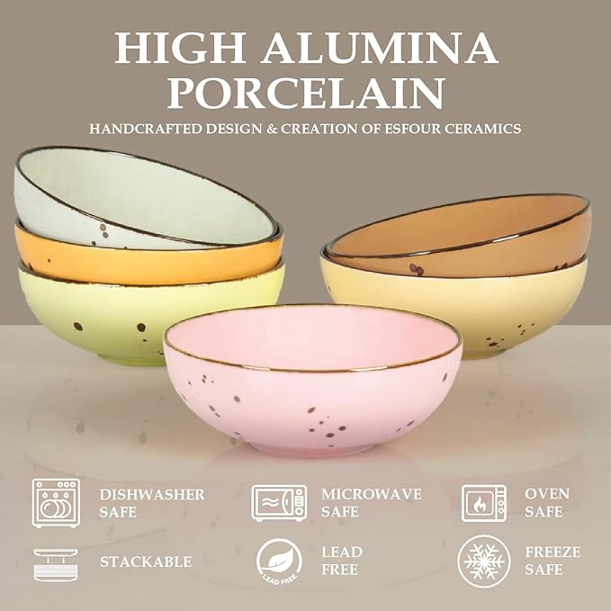 Esfour Round Porcelain Bowls - 18 Ounce - Set of 6 - Microwave, Oven, Dishwasher-Safe, Scratch Resistant, Porcelain Durable Small Dishes Bowls for Cereal, Salad, Pasta, Soup Dessert - Assorted Blossom