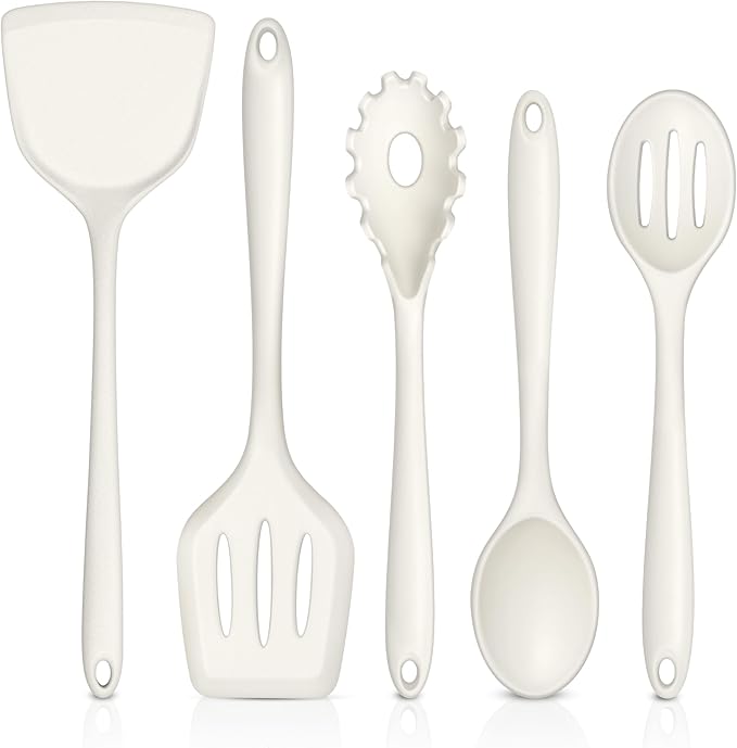 TeamFar Silicone Cooking Utensils Set of 5, Kitchen Utensils Solid & Slotted Spoons Turners Pasta Server for Nonstick Cookware, Healthy & Heat-Resistant, Seamless & Non-Scratch, Dishwasher Safe, White