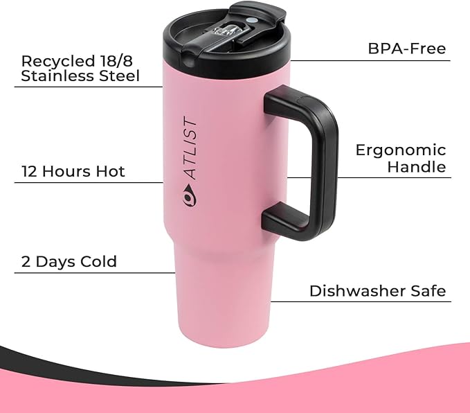 100% Leakproof 40 oz Tumbler with Handle & 4-in-1 SipSwig Lid, Built-In Flip Straw & External Stainless Steel Straw, Insulated Stainless Steel Cup, BPA-Free, Pink & Black