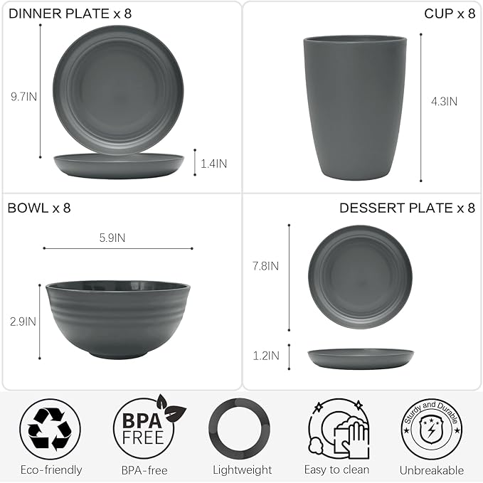 32-Piece Kitchen Plates and Bowls Sets,Lightweight Plastic Dishes Set for 8,Unbreakable Dinnerware Sets,Reusable Plates Set,Dishwasher and Microwave Safe, Dish Sets for Outdoor Camping,RV,Grey