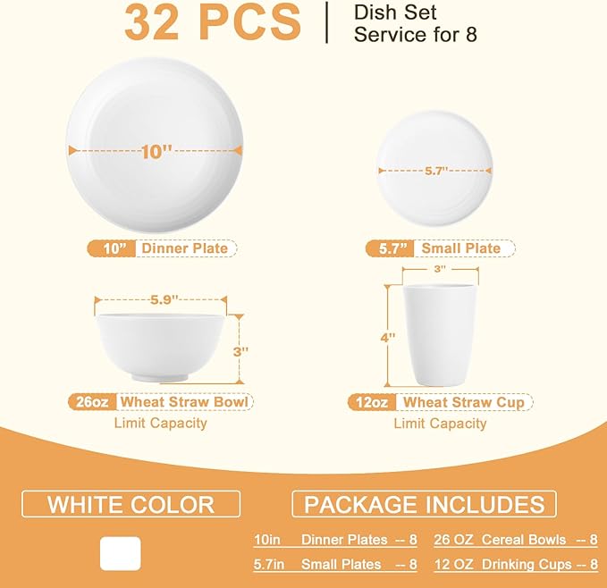 Homienly KItchen Wheat Straw Dinnerware Set, Alternative to Plastic Plates and Bowls Sets, Unbreakable Lightweight Dishes Set for 8 - Plate Set, Soup Bowls, Drinking Glasses for KItchen, Party - White